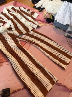 Striped Crochet Pantsuit in Cream and Brown - Women's Pants & Jumpsuits